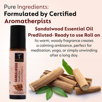 Huile essentielle de bois de santal | Roll-on | Pour les soins de la peau, le yoga, la méditation, le rafraîchissement, le Reiki et le soulagement du stress | 10 ml | Prédiluée - Prête à l'emploi |