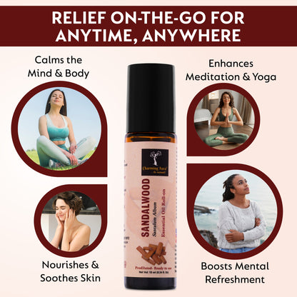 Huile essentielle de bois de santal | Roll-on | Pour les soins de la peau, le yoga, la méditation, le rafraîchissement, le Reiki et le soulagement du stress | 10 ml | Prédiluée - Prête à l'emploi |