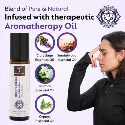 Huile thérapeutique roll-on pour le chakra du troisième œil (Aagya Chakra-Ajna) - Mélange d'huiles essentielles pures et naturelles, favorise la pleine conscience et l'intuition - 10 ml