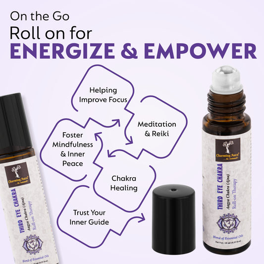 Huile thérapeutique roll-on pour le chakra du troisième œil (Aagya Chakra-Ajna) - Mélange d'huiles essentielles pures et naturelles, favorise la pleine conscience et l'intuition - 10 ml