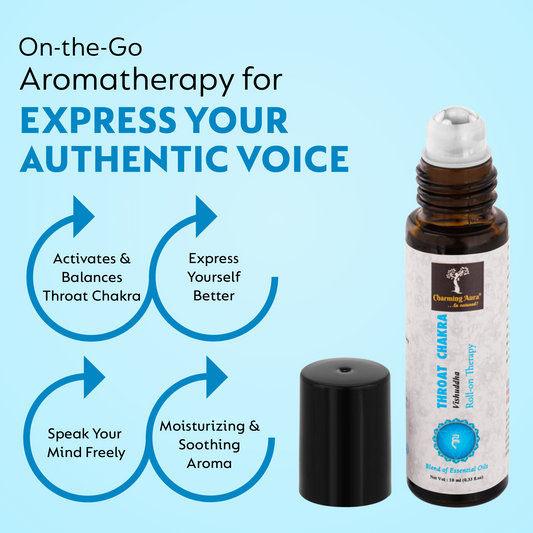 Huile thérapeutique roll-on pour le chakra de la gorge (Vishuddha) - Mélange d'huiles essentielles pures et naturelles, exprimez votre voix authentique - 10 ml