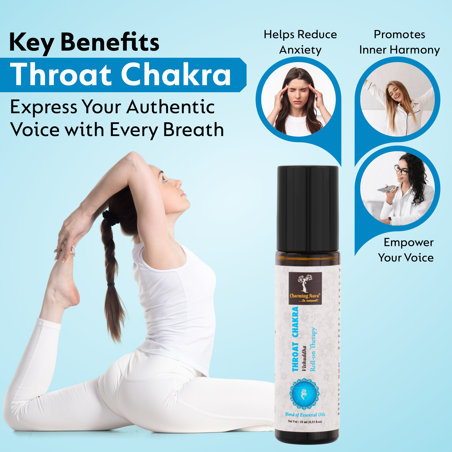 Huile thérapeutique roll-on pour le chakra de la gorge (Vishuddha) - Mélange d'huiles essentielles pures et naturelles, exprimez votre voix authentique - 10 ml