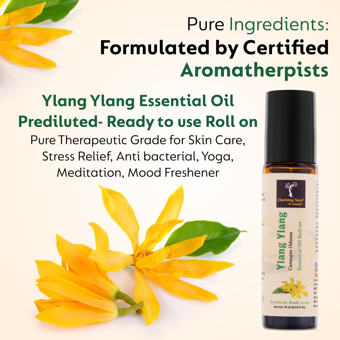 Huile essentielle d'ylang-ylang | Roll-on | Prédiluée, prête à l'emploi | Pour les soins de la peau, la méditation | Parfum floral apaisant | 10 ml |