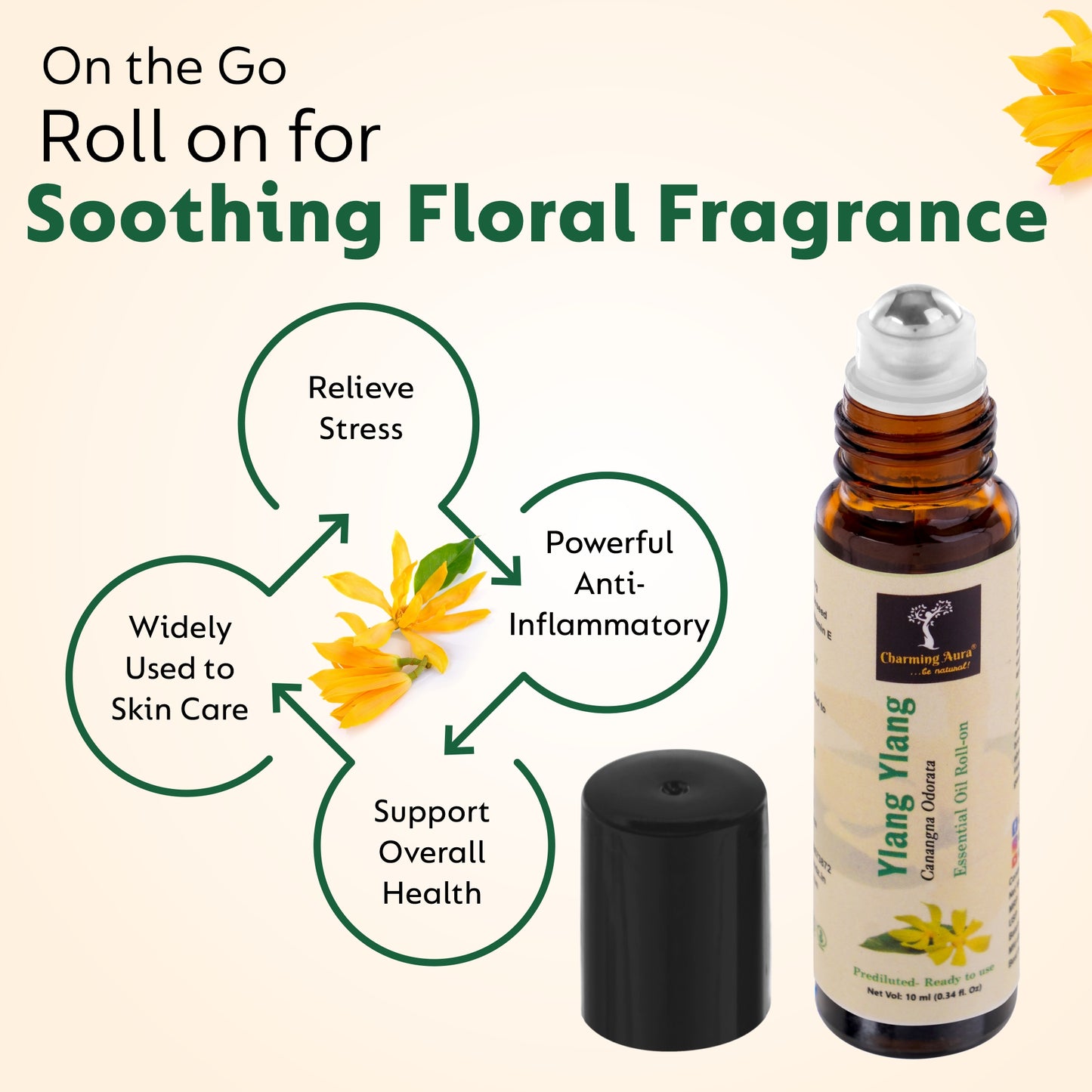 Huile essentielle d'ylang-ylang | Roll-on | Prédiluée, prête à l'emploi | Pour les soins de la peau, la méditation | Parfum floral apaisant | 10 ml |