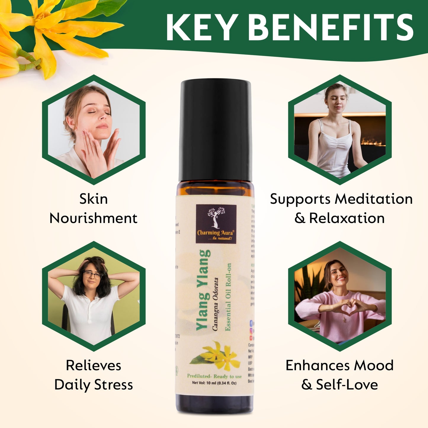 Huile essentielle d'ylang-ylang | Roll-on | Prédiluée, prête à l'emploi | Pour les soins de la peau, la méditation | Parfum floral apaisant | 10 ml |