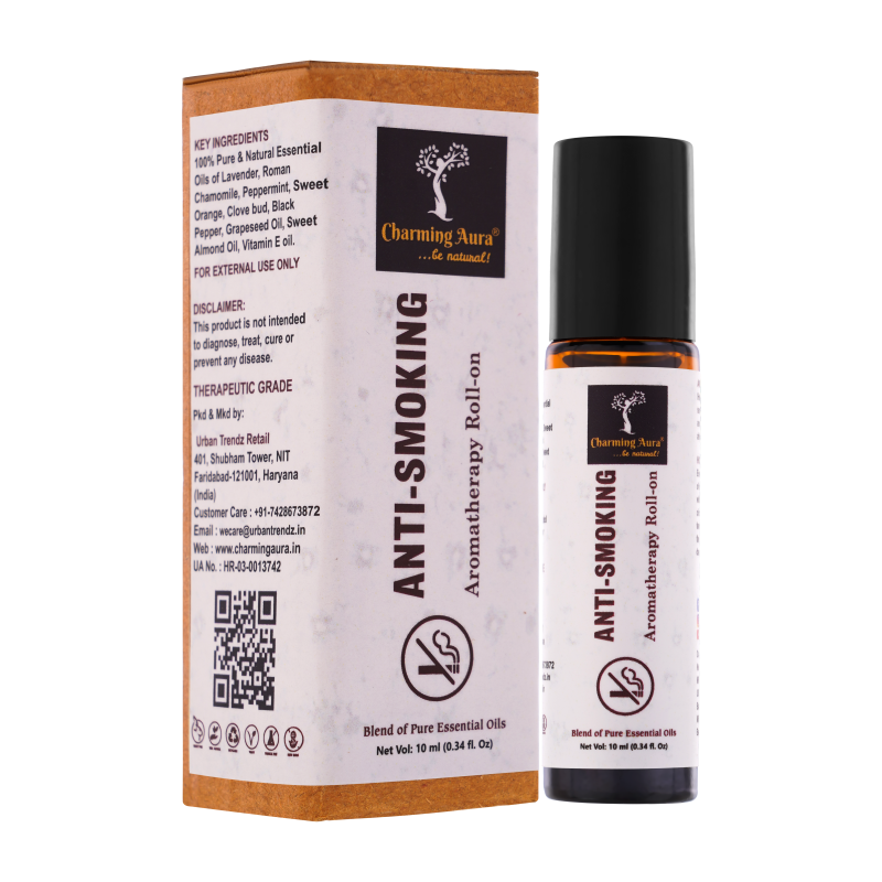 Anti Smoking Essential Oil Blend by Charming Aura | Cuts down the craving of smoking Cigarettes or Tobacco | Helps to quit smoking | 100% Pure & Natural Essential Oils | Roll-on | 10ml | Non-Drowsy Formula | Ayurvedic