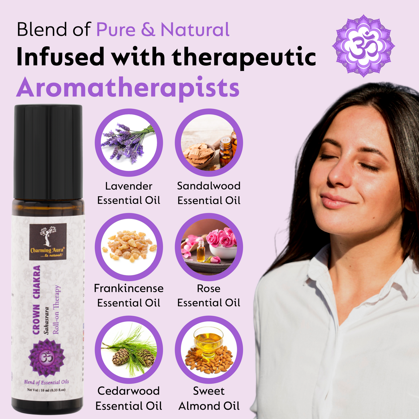 Huile thérapeutique roll-on pour le chakra de la couronne (Sahasrara) - Mélange d'huiles essentielles pures et naturelles, profitez d'une sensation d'unité - 10 ml