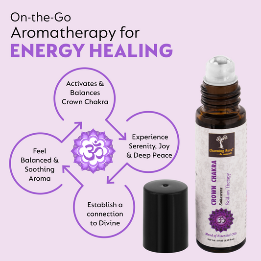 Huile thérapeutique roll-on pour le chakra de la couronne (Sahasrara) - Mélange d'huiles essentielles pures et naturelles, profitez d'une sensation d'unité - 10 ml