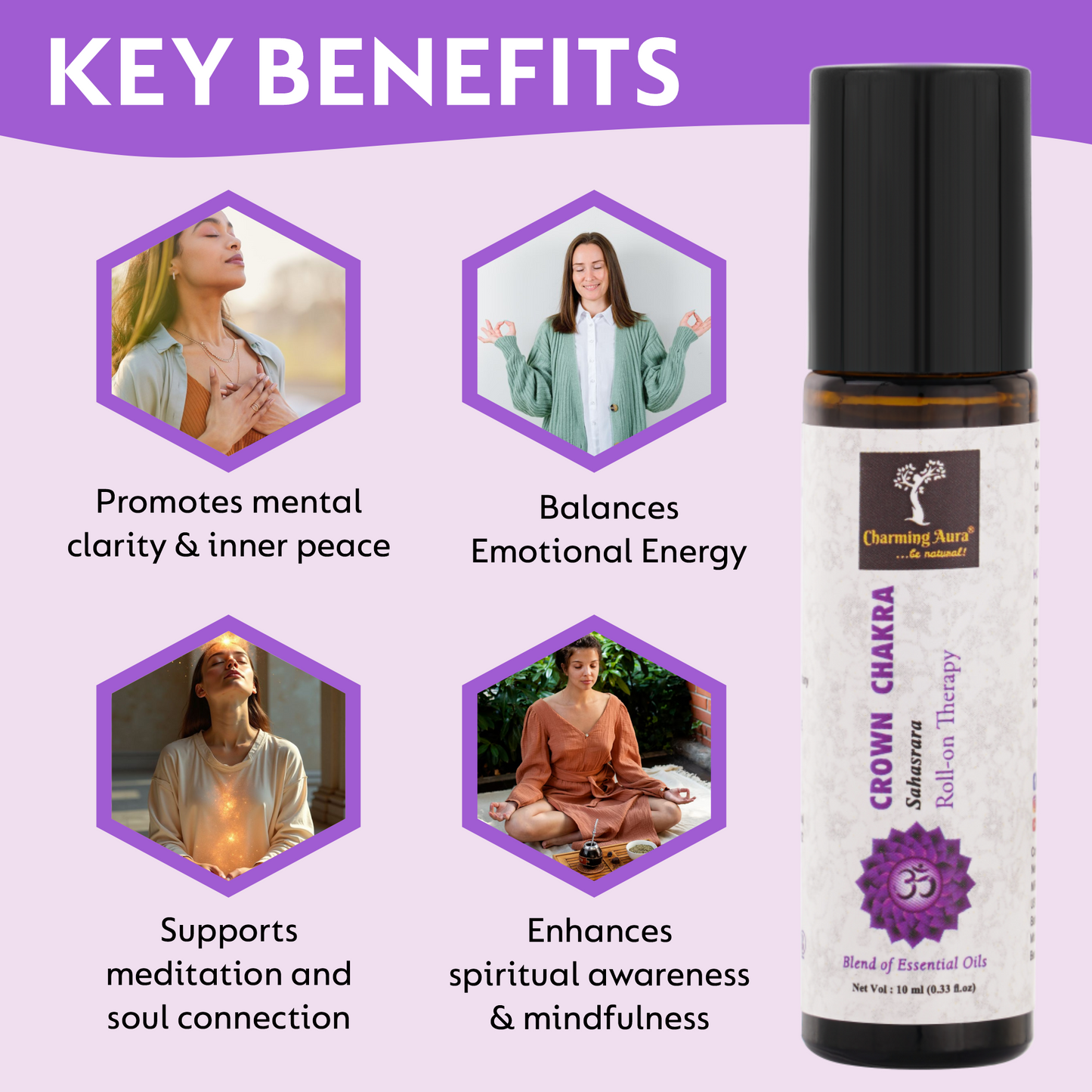 Huile thérapeutique roll-on pour le chakra de la couronne (Sahasrara) - Mélange d'huiles essentielles pures et naturelles, profitez d'une sensation d'unité - 10 ml