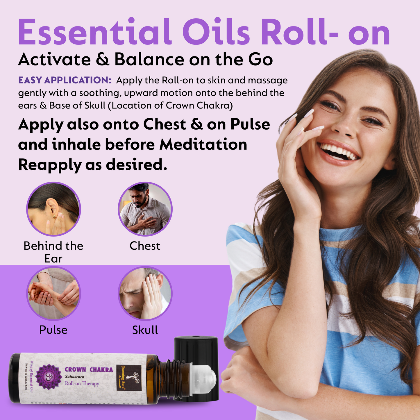 Huile thérapeutique roll-on pour le chakra de la couronne (Sahasrara) - Mélange d'huiles essentielles pures et naturelles, profitez d'une sensation d'unité - 10 ml