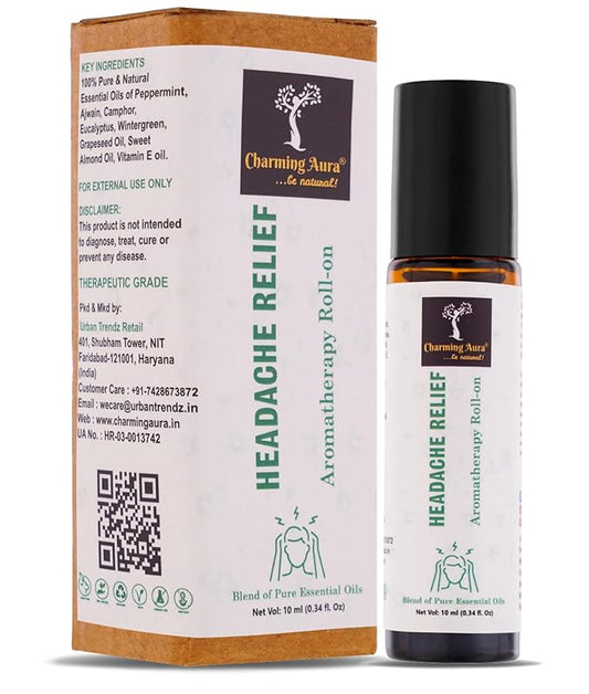 Aromatherapie-Roll-on zur Linderung von Kopfschmerzen | Natürliches Heilmittel gegen Kopfschmerzen und Migräne | Mischung aus reinen ätherischen Ölen | Eukalyptus, Pfefferminze, Ajwain | Einfach anzuwenden | Reisefreundlich |