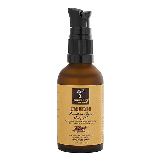 Huile de massage aromathérapeutique au bois de santal et à l'oudh, adoucit la peau, anti-âge, réduit le stress et l'anxiété - Formulé avec de l'huile essentielle de bois de santal, huile essentielle d'oudh - 50 ml