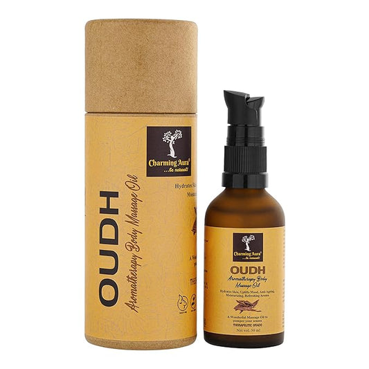 Huile de massage aromathérapeutique au bois de santal et à l'oudh, adoucit la peau, anti-âge, réduit le stress et l'anxiété - Formulé avec de l'huile essentielle de bois de santal, huile essentielle d'oudh - 50 ml