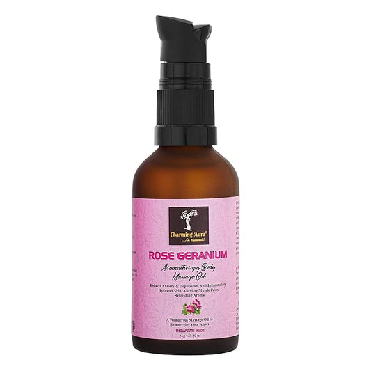Huile de massage corporelle au géranium rosat pour l'aromathérapie, pour une relaxation musculaire et une peau éclatante - 50 ml