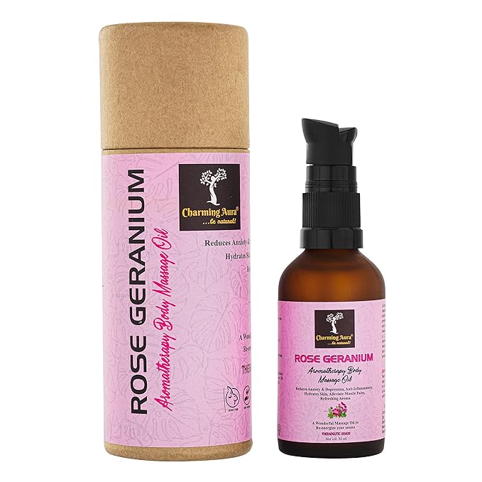 Huile de massage corporelle au géranium rosat pour l'aromathérapie, pour une relaxation musculaire et une peau éclatante - 50 ml