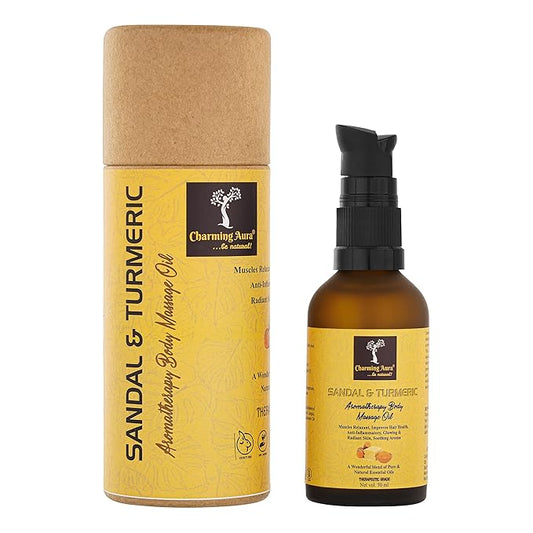 Huile de massage aromathérapie au bois de santal et au curcuma, relaxant musculaire, améliore la santé des cheveux, stimule la relaxation, peau éclatante et radieuse, anti-inflammatoire - 50 ml