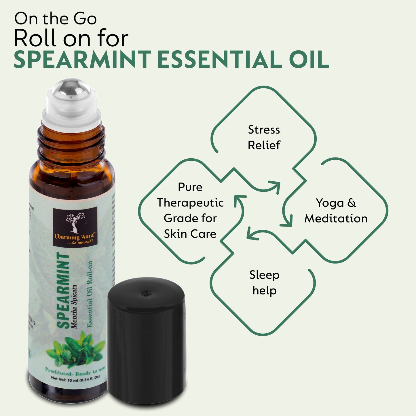 Huile essentielle de menthe verte | Roll-on | Prédiluée, prête à l'emploi | Soulagement du stress, soins de la peau, méditation, yoga, rafraîchissement de l'humeur, aide au sommeil | 10 ml