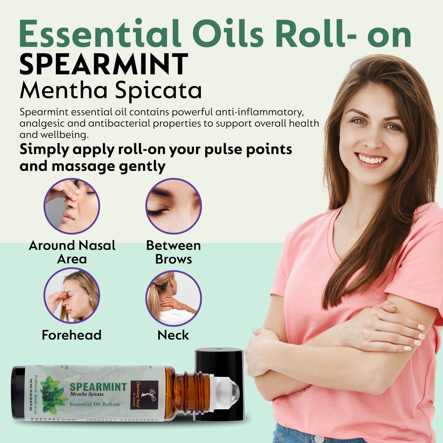 Huile essentielle de menthe verte | Roll-on | Prédiluée, prête à l'emploi | Soulagement du stress, soins de la peau, méditation, yoga, rafraîchissement de l'humeur, aide au sommeil | 10 ml