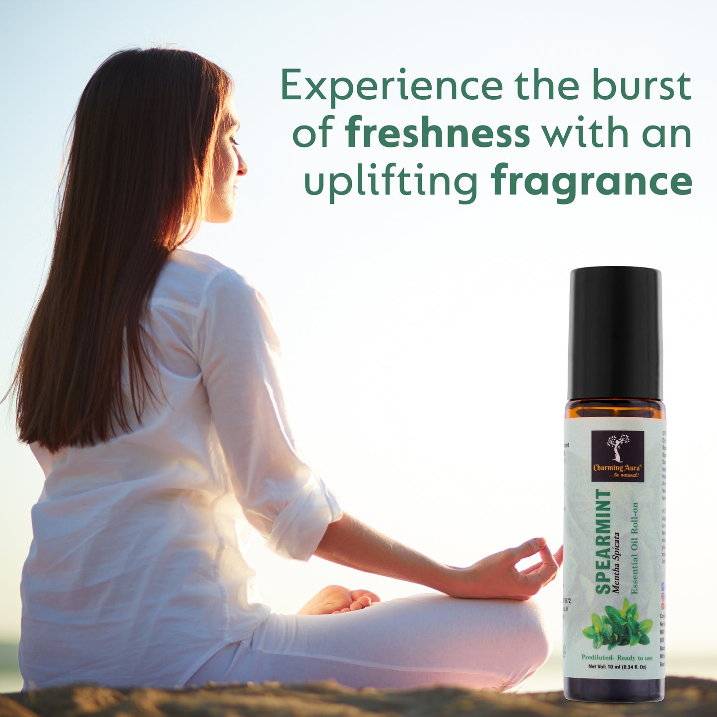 Huile essentielle de menthe verte | Roll-on | Prédiluée, prête à l'emploi | Soulagement du stress, soins de la peau, méditation, yoga, rafraîchissement de l'humeur, aide au sommeil | 10 ml