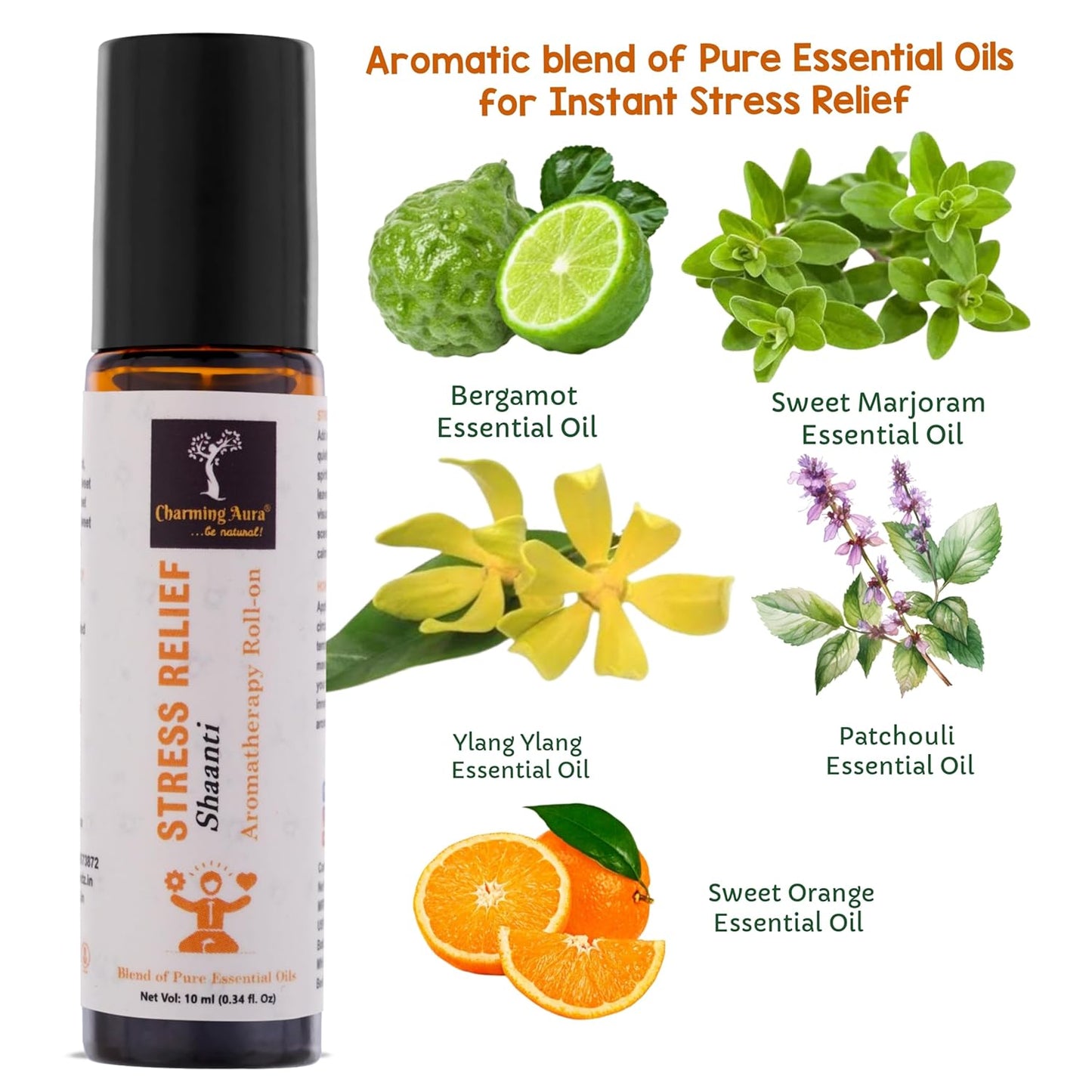 Stress Relief Aromatherapy Roll-on | Blend of pure & natural Essential Oils by Charming Aura | Relieves Stress & Creates sense of relaxation | 10ml | Crafted by Certified Aromatherapists