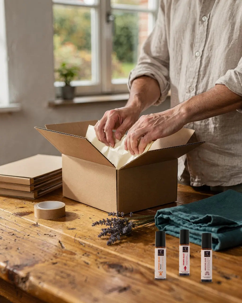 Hände verpacken Roll-ons von Spirit of India in einen Versandkarton (Symbolbild)