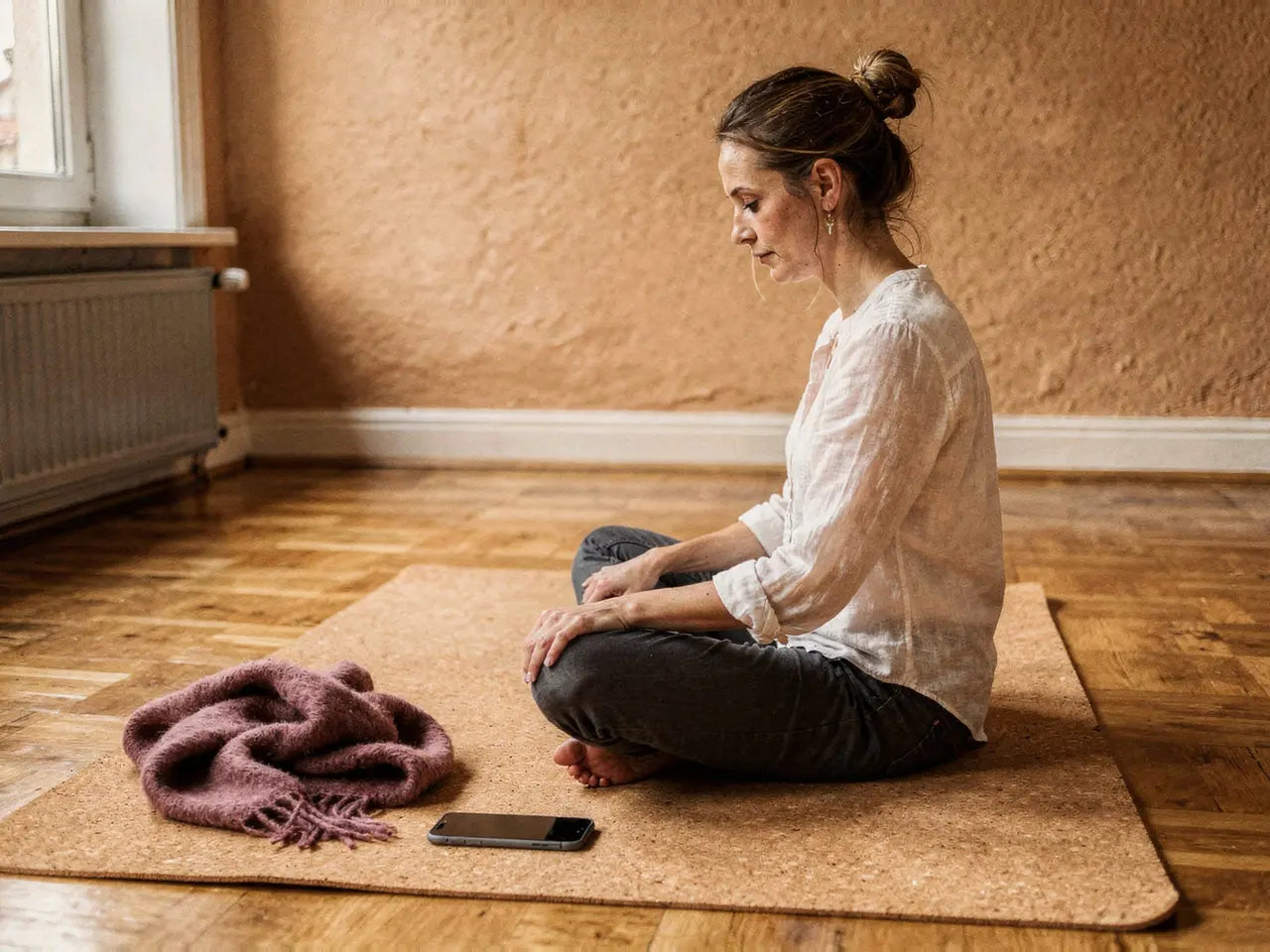 Frau sitzt auf der Yogamatte und schaut zu ihrem Handy