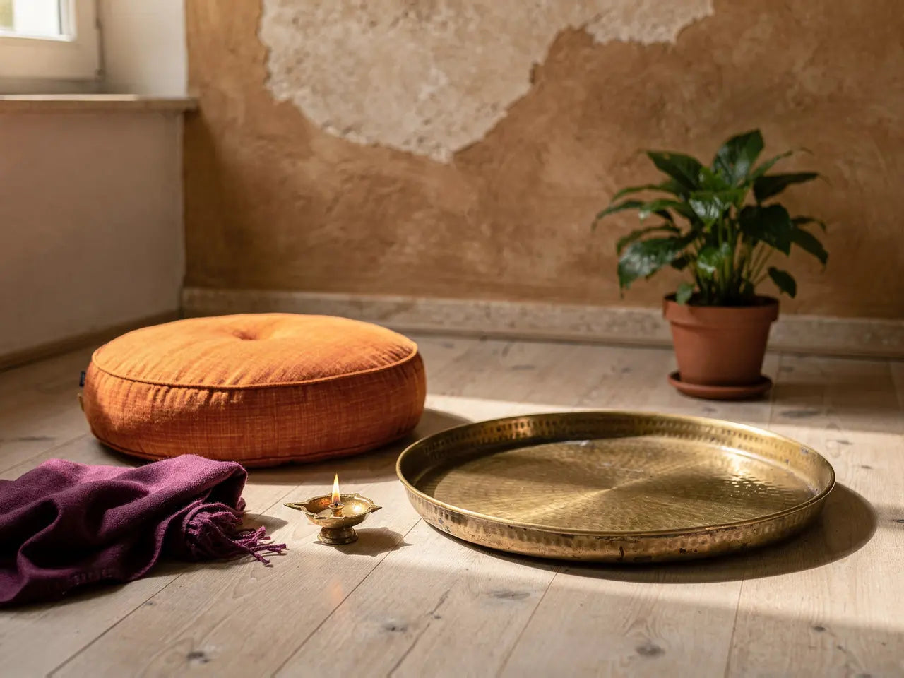 Aufgeräumte Meditationsecke mit Kissen, Messingtablett und Öllampe