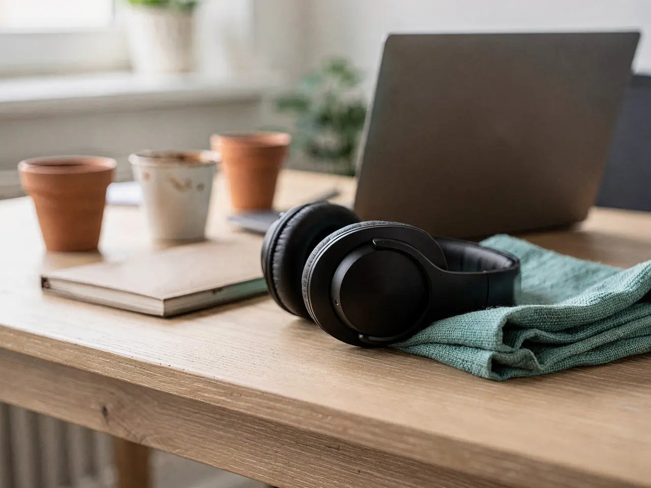 Headset und Kaffeetassen auf einem Schreibtisch