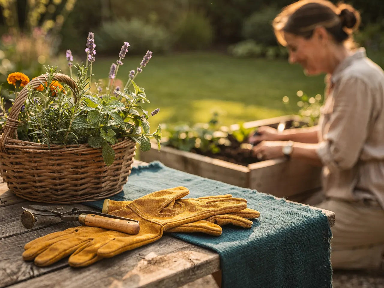 Gartenhandschuhe, Schere und ein Korb mit Kräutern auf einem Holztisch
