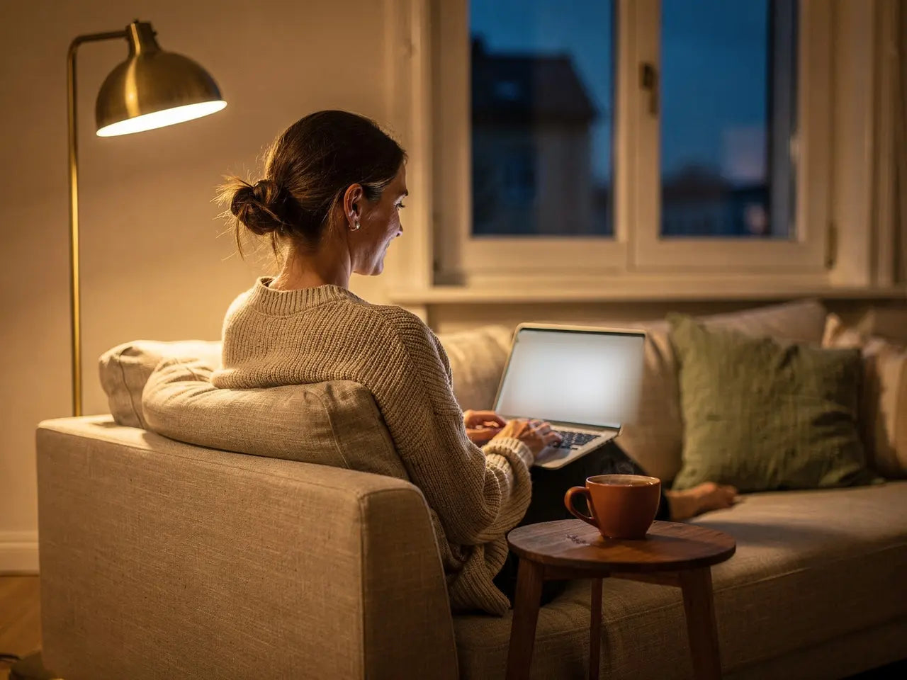 Frau sitzt abends mit dem Laptop auf dem Sofa, von hinten gesehen