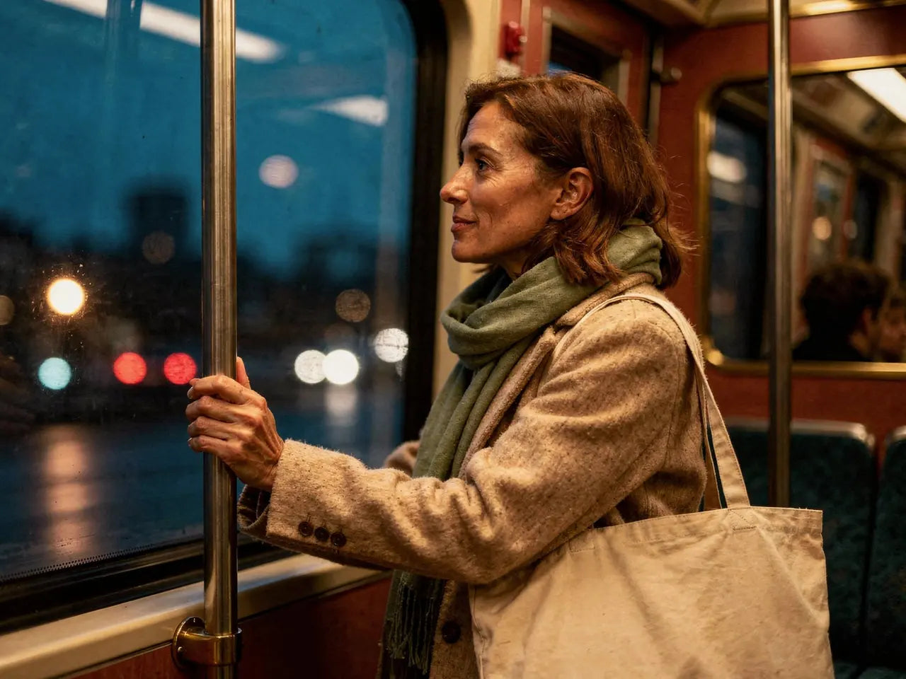 Frau steht in der Bahn und schaut in der Dämmerung aus dem Fenster