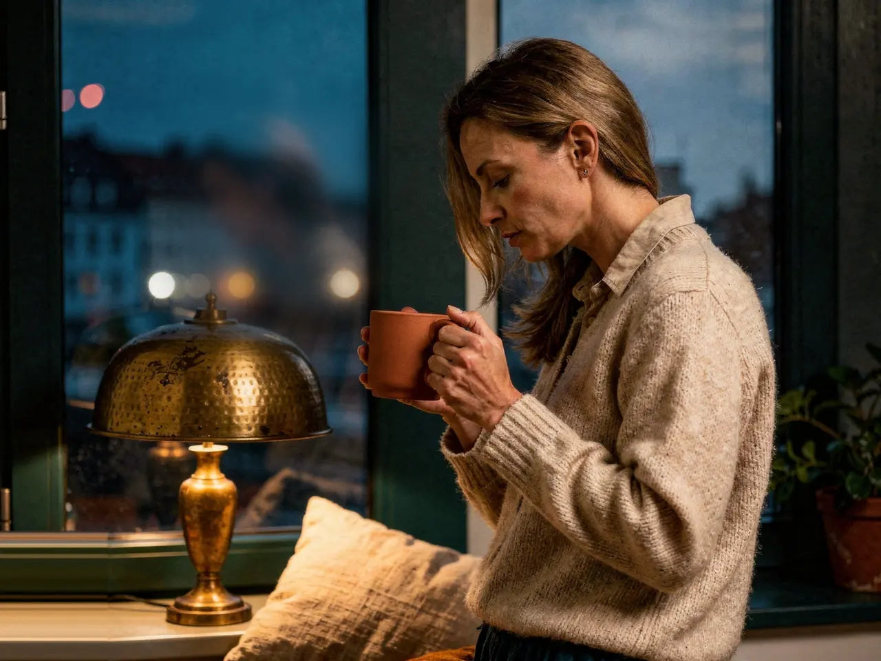 Frau steht abends mit einer Tasse am dunklen Fenster