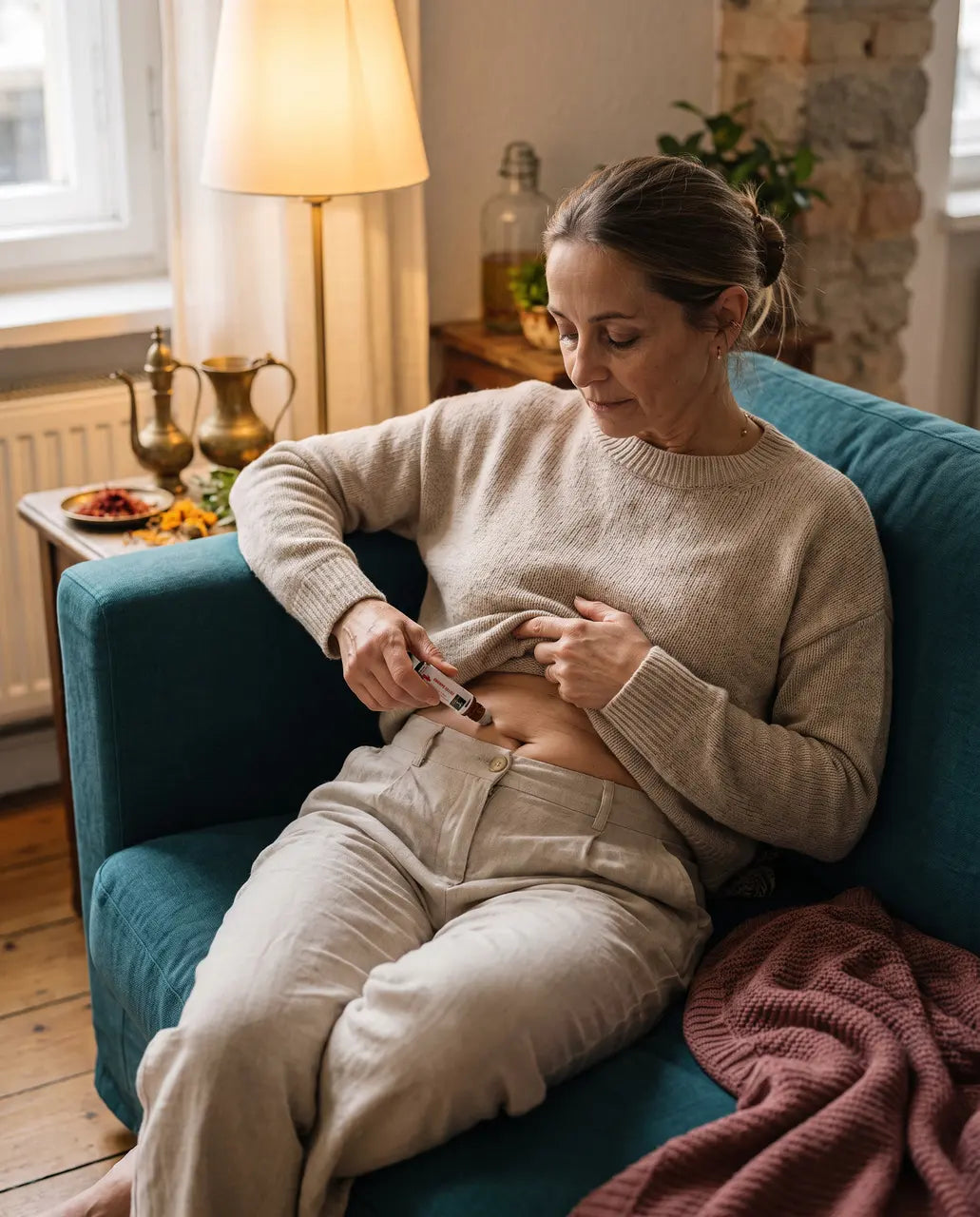 Frau rollt Ushma auf den Unterbauch, der Strickpullover ist etwas angehoben