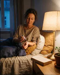 Frau sitzt abends im Bett und rollt Nidraa auf ihr Handgelenk