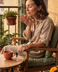 Frau sitzt nach der Arbeit auf dem Balkon und atmet am Handgelenk den Duft ein