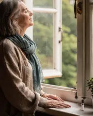 Frau steht morgens am offenen Fenster und atmet tief ein