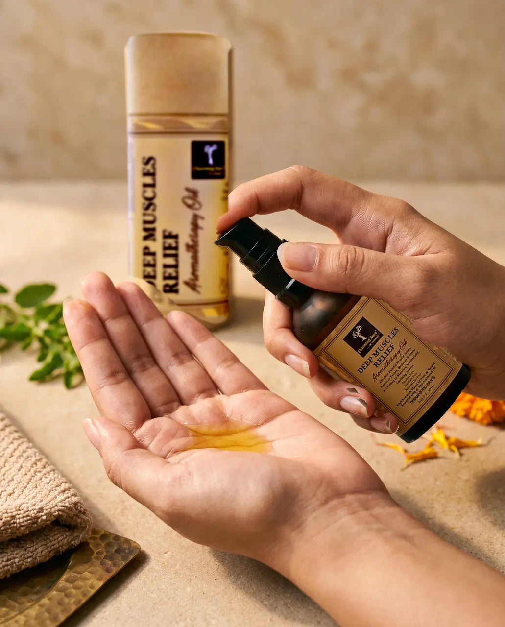 Massageöl wird aus einer Pumpflasche in die Handfläche gegeben
