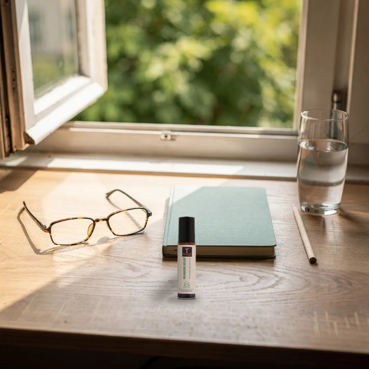 Hand greift nach Sheetal Roll-on neben Brille und Notizbuch